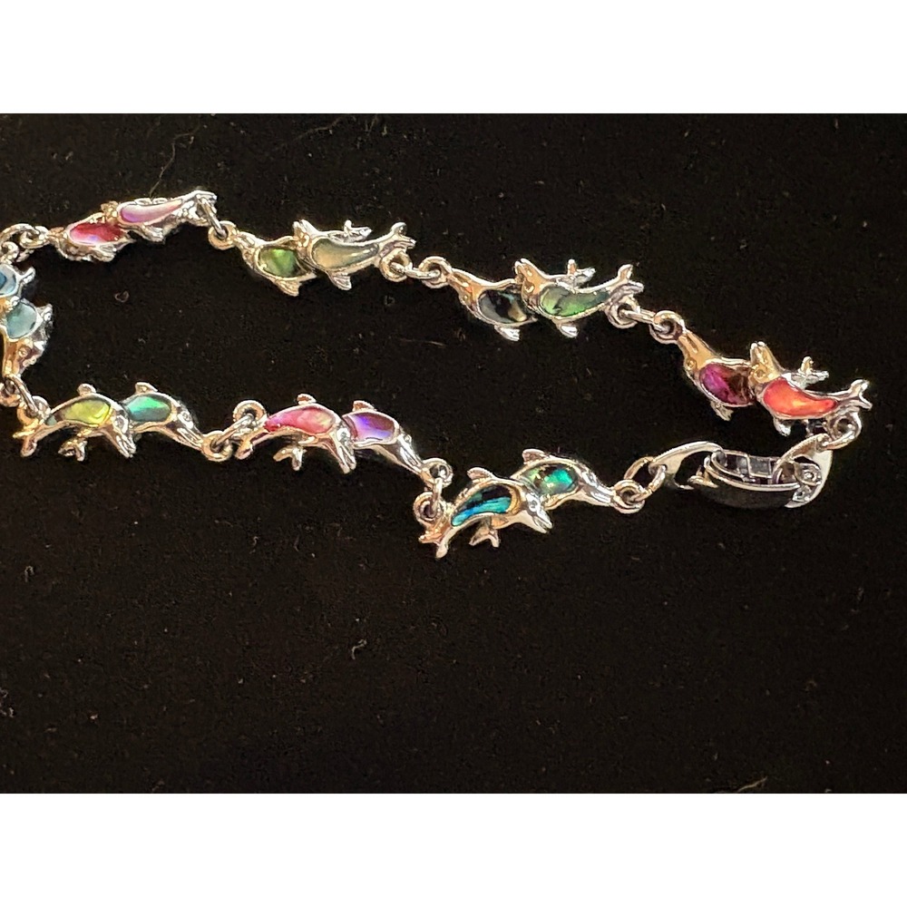 Silver Tone Multi Color Abalone Shell Double Dolphin Link Bracelet 7.5‎ Inch